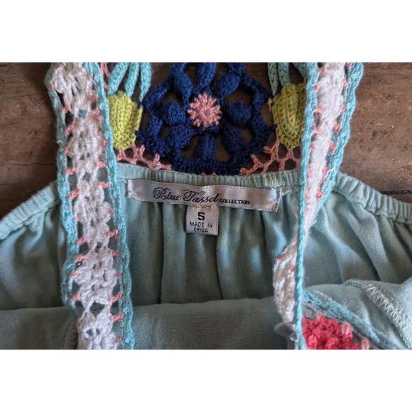 BLUE TASSEL Anthropologie Crochet Back Midi Dress S Mint Green Boho Festival - Picture 4 of 7